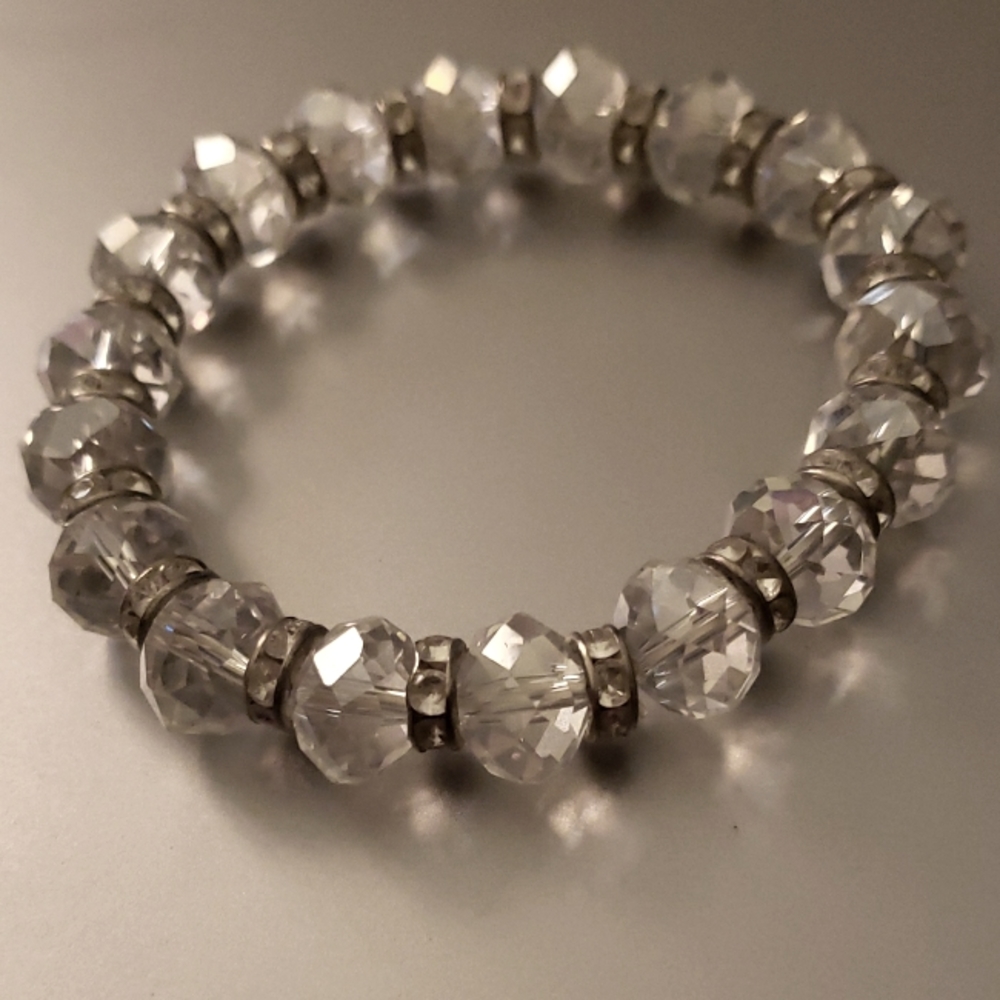 Clear Crystal Bracelet, Rhinestone Rondel Spacers, Clear Faceted Crystals